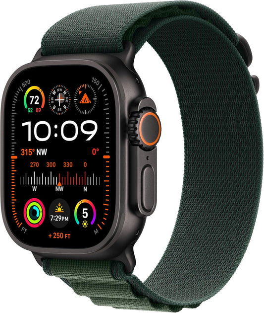 Apple Watch Ultra 2 (49 mm GPS + Cellular) Montre de sport connectée avec Boîtier en titane noir et Boucle Alpine vert foncé (Small). Suivi de l’activité, GPS haute précision, neutre en carbone